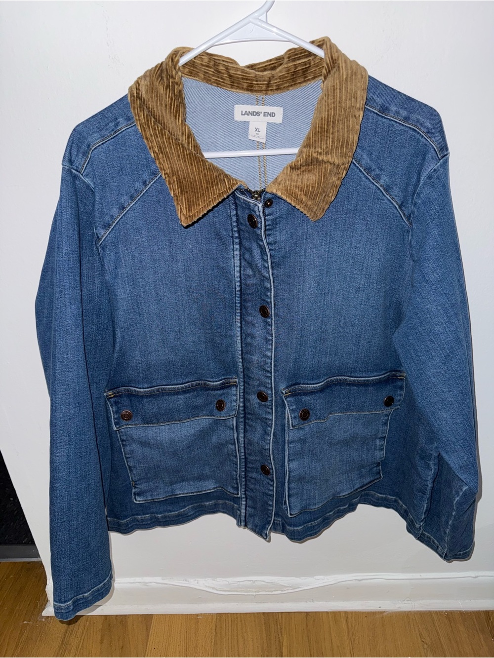 Lands' End Blue Denim Jacket with Tan Corduroy Collar